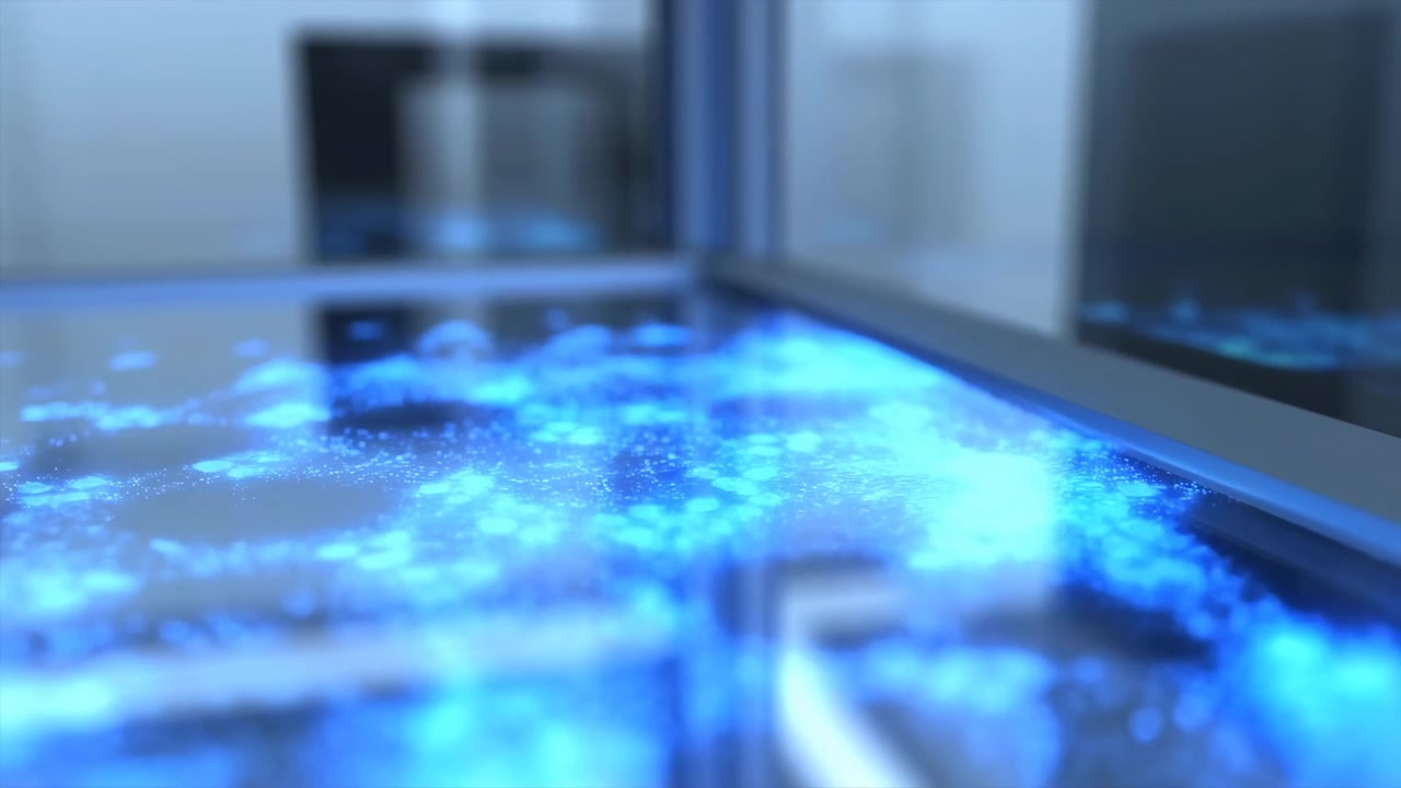 Low-angle view moves smoothly over illuminated world map on reflective glass surface, with bright blue clusters growing larger in frame while clean interior panels remain softly out of focus.