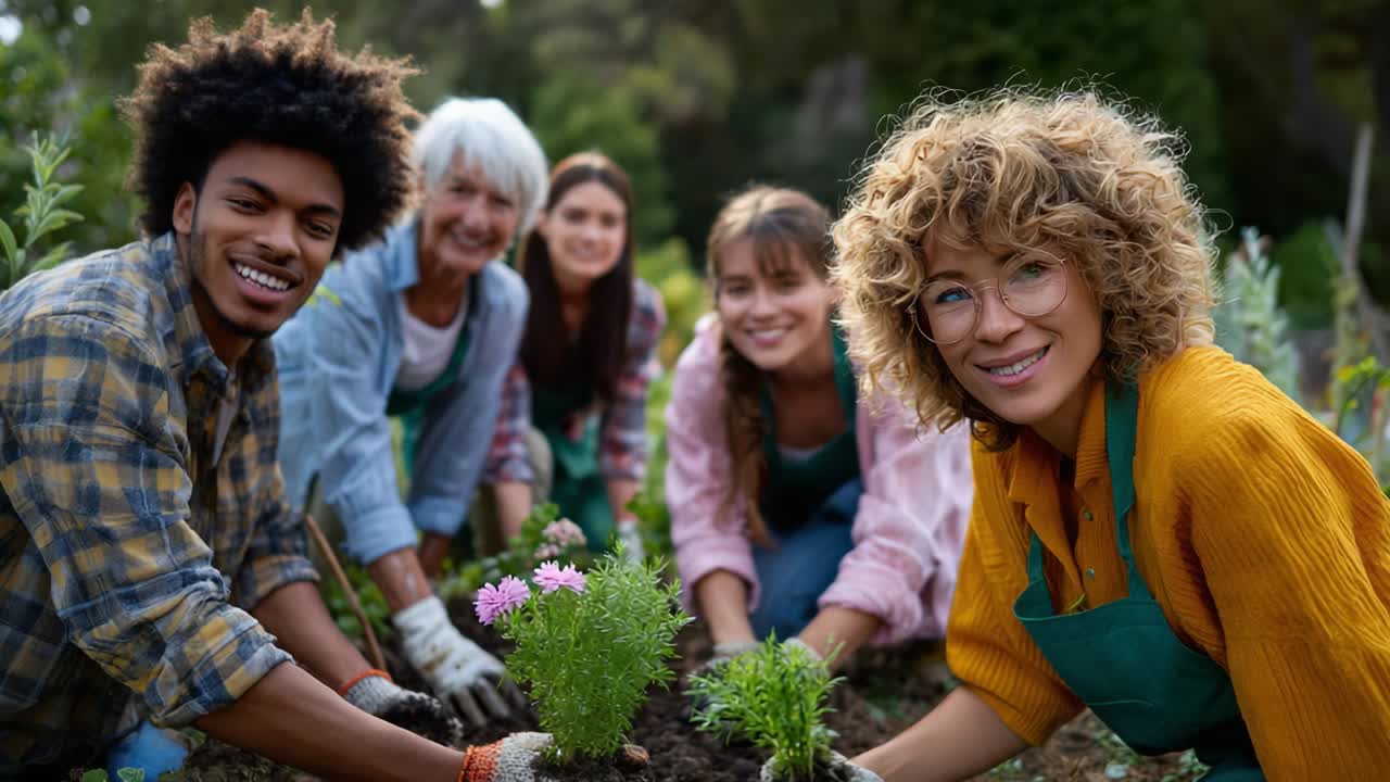 Group of people gardening together outdoors