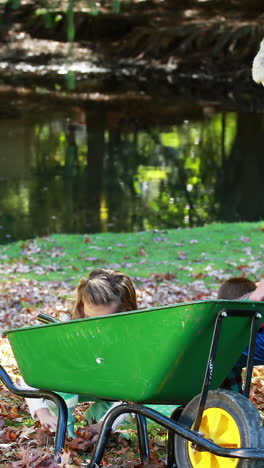 family picking up autumn leaves and putting in a wheelbarrow