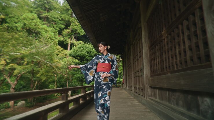 Donna in kimono su passerella in legno