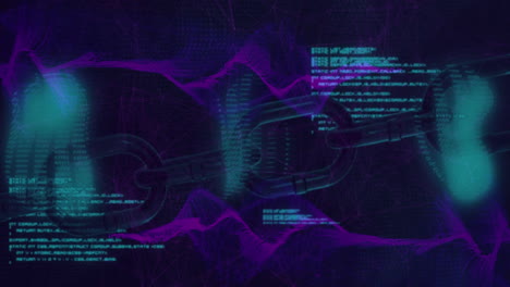 Animation of blockchain, computer language and abstract pattern over dynamic waves