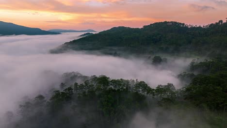 drone view foggy day at sunrise on klong klanh valley, lam dong province, central vietnam