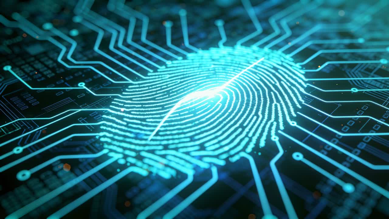 Moving scan streak scanning neon-cyan fingerprint on PCB, lighting traces and sparks for access