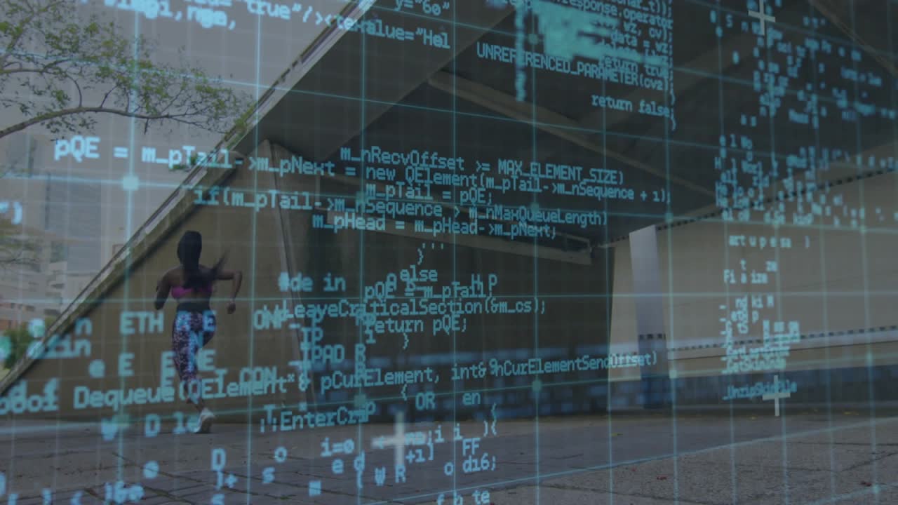 Transparent code overlay appearing over plaza guiding woman runner running beneath sloped roof