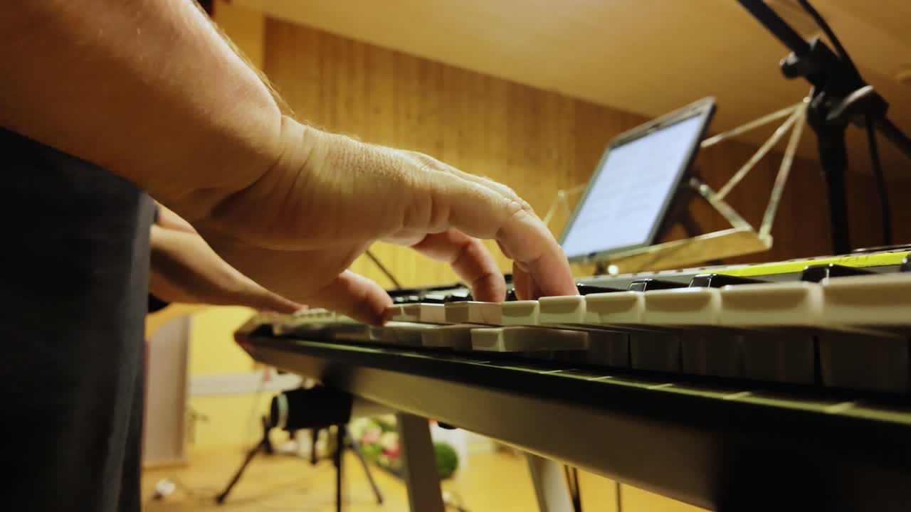 Slow motion scene of hands playing synthesizer blending folk spirit, modern art