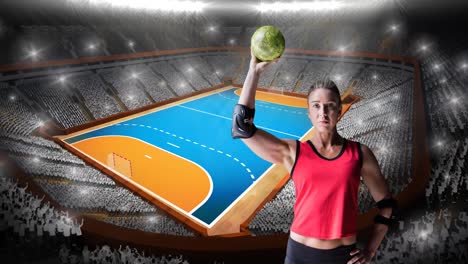 Animation-Einer-Kaukasischen-Handballspielerin,-Die-Den-Ball-über-Dem-Sportstadion-Hält