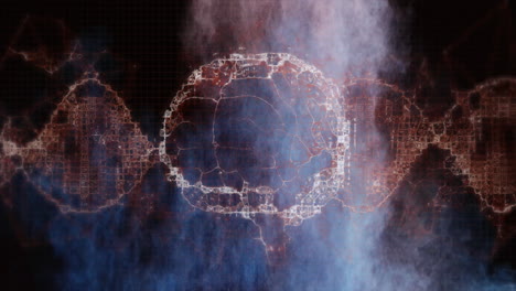 toroidal circuit structure being visualized, with drifting mist and orange energy arcs on dark grid