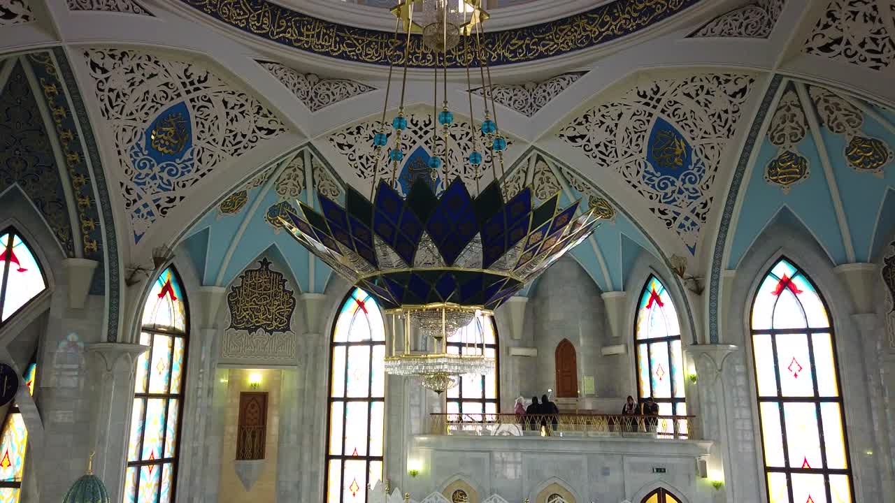 Spectacular chandelier in Qol Sarif Mosque, Kazan, Russia in motion gimbal shot.