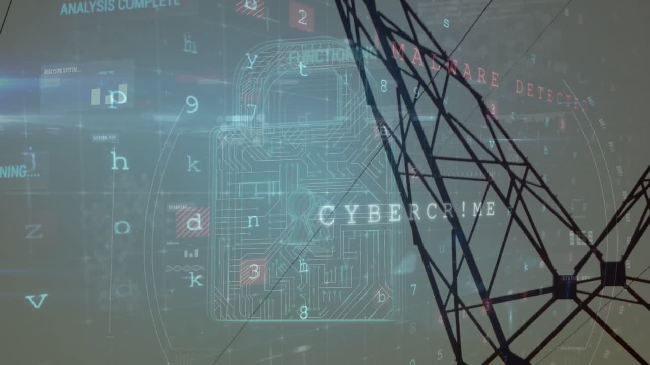 Animation of scanning, virus warning and digital padlock over electricity poles