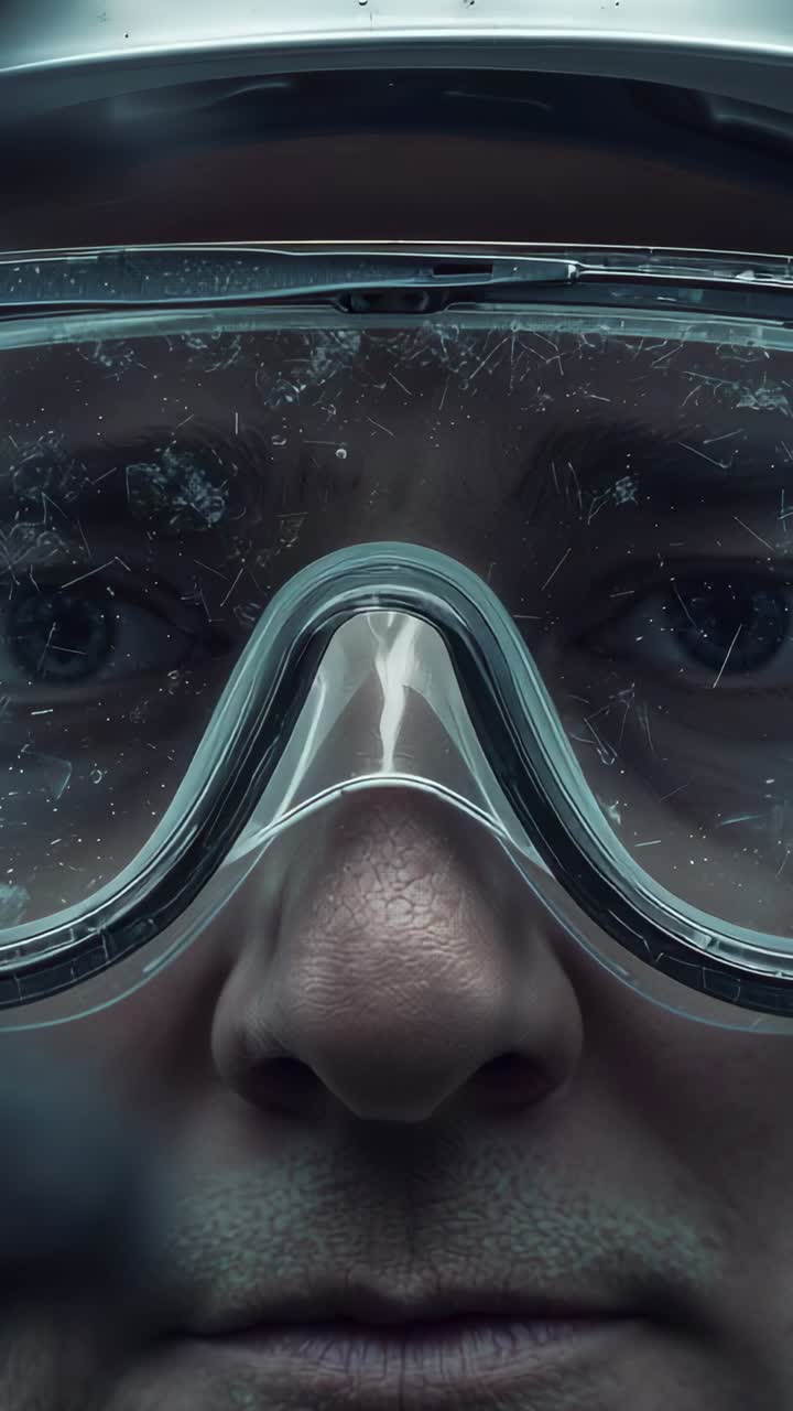Vertical video: Lens focusing man blinking, shifting gaze in dim lab with scratched goggles, helmet