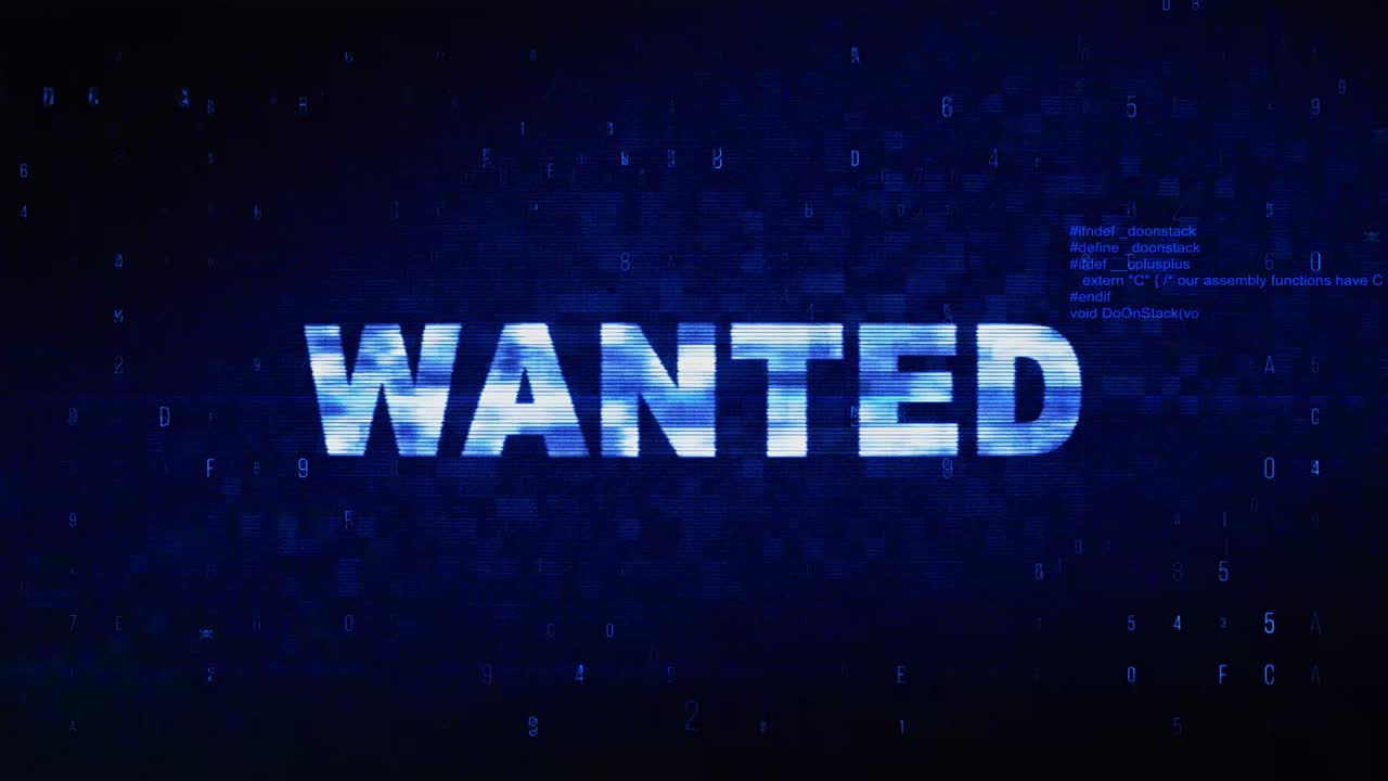 Wanted text digital noise twitch and glitch effect tv screen loop animation background login and