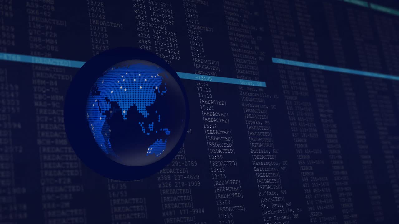 Animation of globe over data processing on black background