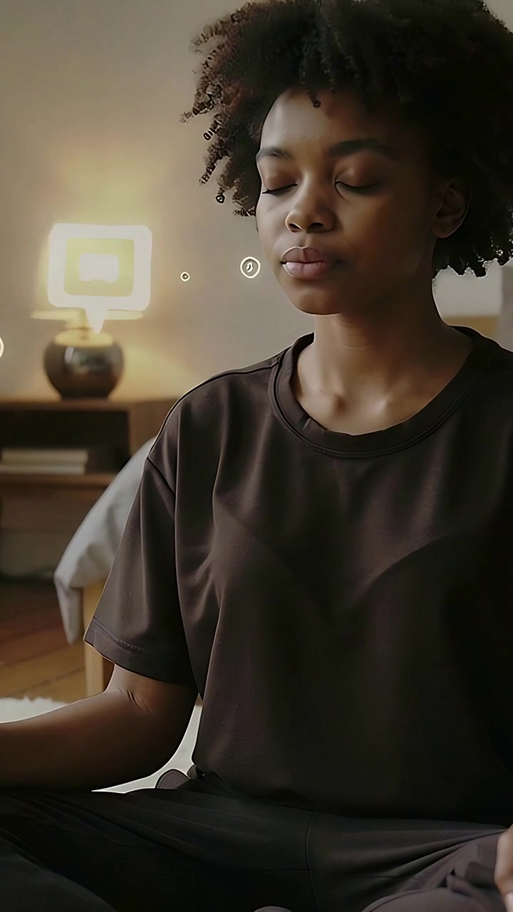 Vertical video: Breathing woman in dark loungewear calming breath after app alert at home, lamp, UI