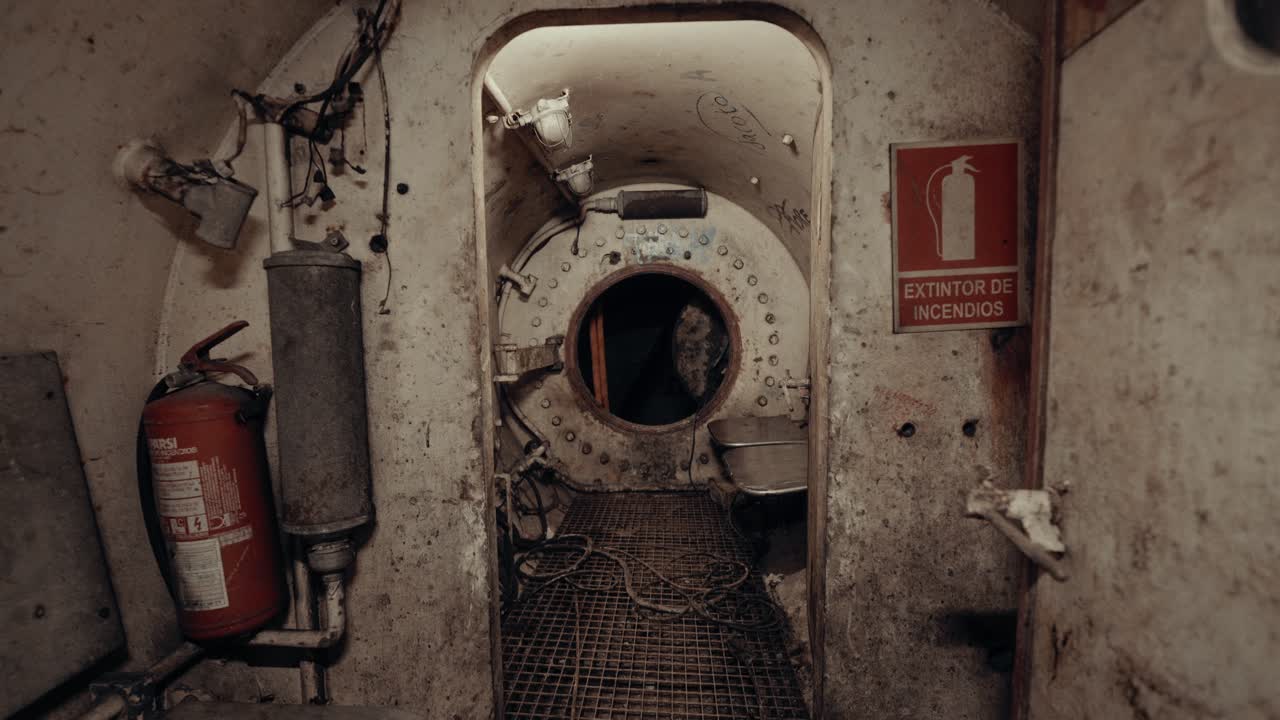 Grungy Abandoned Submarine Interior with Fire Extinguisher and Porthole