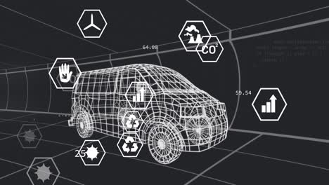 Animation-Eines-3D-Autos-Mit-Mehreren-Symbolen-Und-Programmiersprache,-Die-Sich-Auf-Schwarzem-Hintergrund-Bewegen