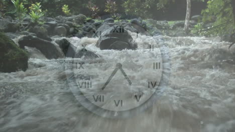 clock animation over flowing river with rocks and greenery in background