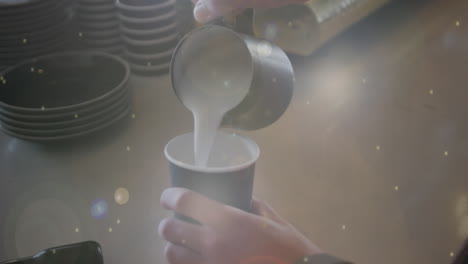 animación de puntos de luz sobre el hombre haciendo café trabajando en la cafetería