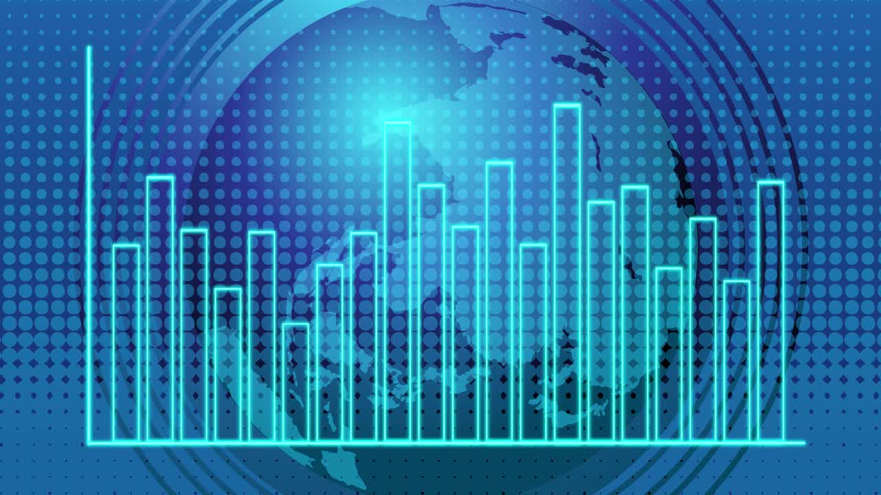 Blue animated rising bar graph over stylized world map with smooth transitions and glowing effects
