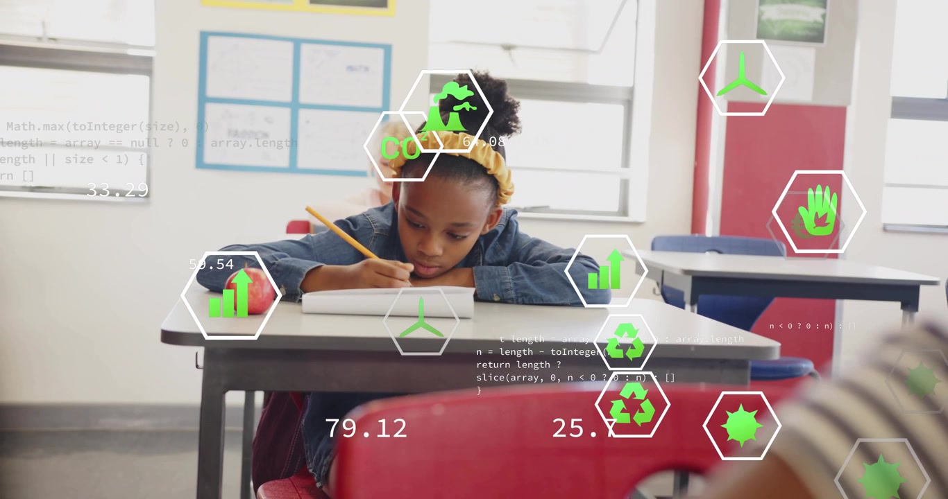 Girl starting writing in notebook and initiating eco data icons fading around desk for education