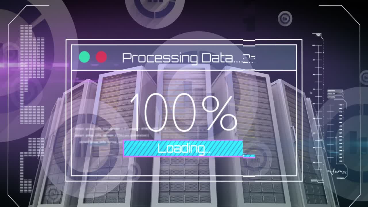Animation of data processing and media icons over server room
