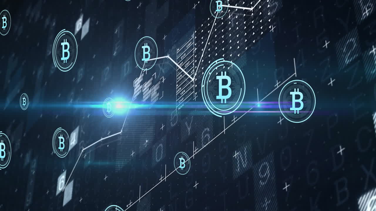 símbolos de bitcoin y animación de procesamiento de datos financieros sobre fondo digital