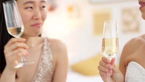 champagne, glasses and bride women celebration