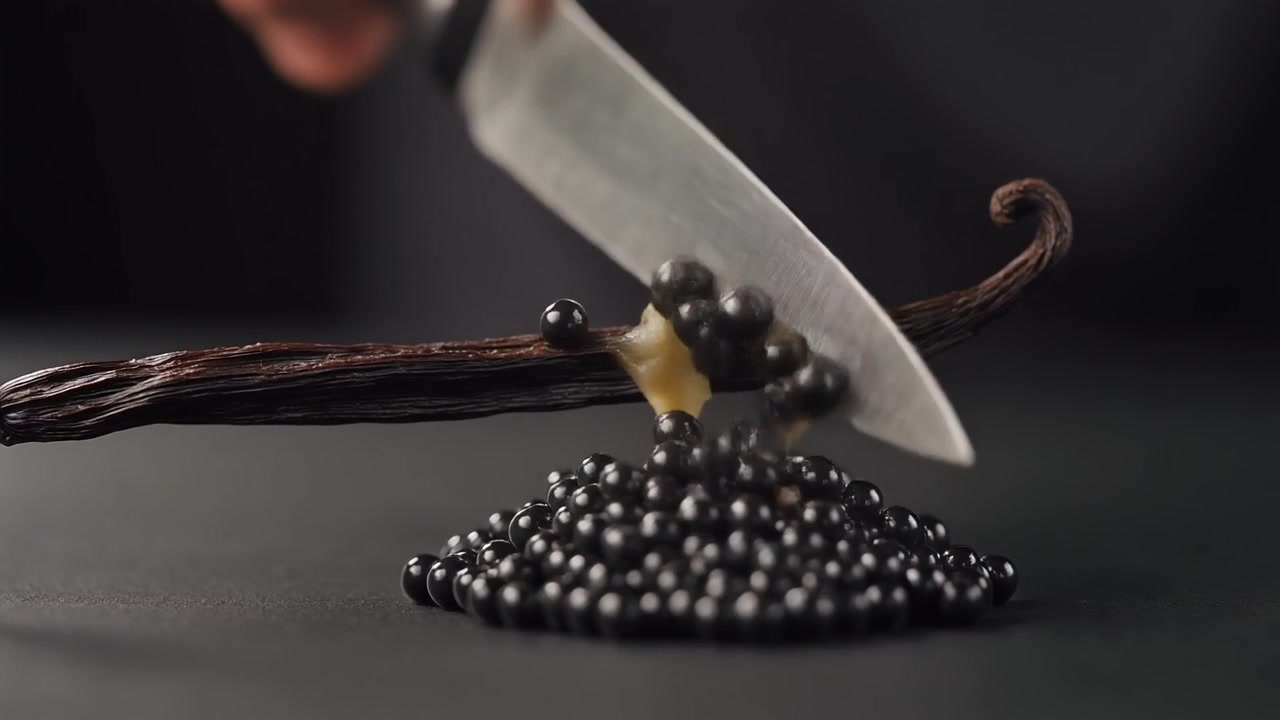 Chef Using Knife to Scrape Vanilla Bean Seeds onto Black Caviar