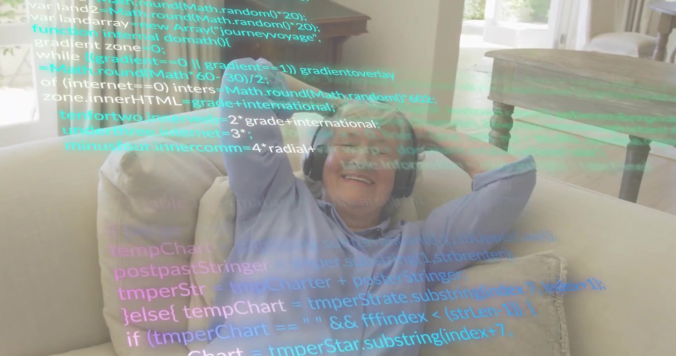 Senior woman placing headphones on and settling, activating code overlay for immersive tech visuals