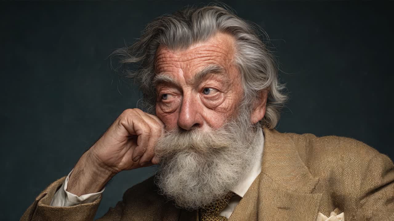 Um retrato pensativo de um senhor idoso com uma barba distinta e expressão única, capturado em dois quadros, exibindo profundidade e caráter.