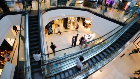 overhead view of escalators in a shopping mall