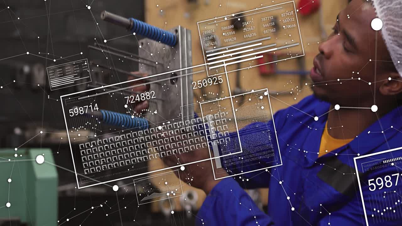 Closeup showing tech adjusting blue clamps, lifting mold, inspecting edges, checking fit with HUD