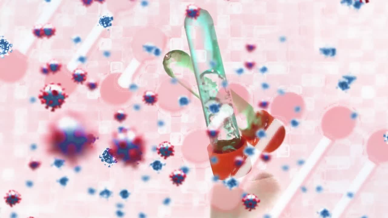 dna 구조와 코로나19 세포가 떨어지는 시험관에 대항합니다.