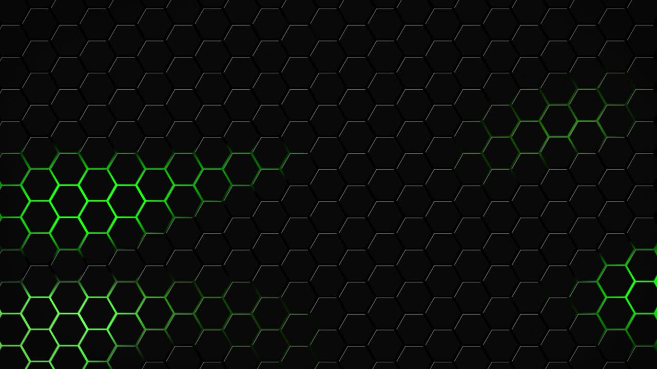 geometría hexagonal oscura azulejos brillantes animación 3d luminancia de neón led formas de luz cibernética tecnología de patrón de fondo color verde oscuro