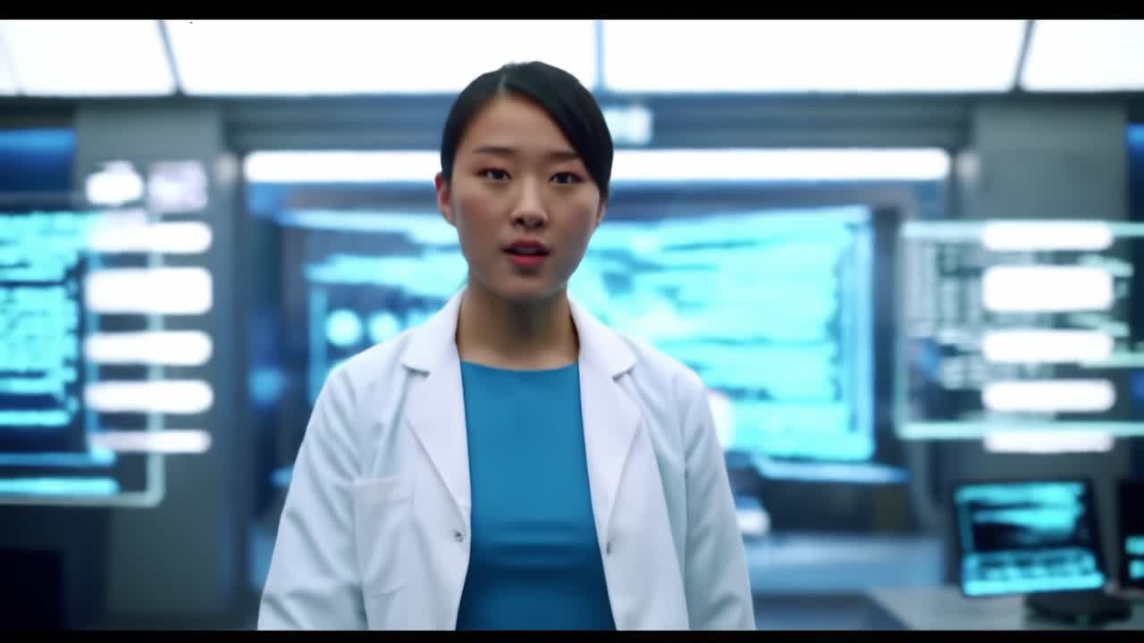 A focused scientist stands confidently while addressing the viewer, surrounded by advanced digital displays and scientific graphics that emphasize innovation and research