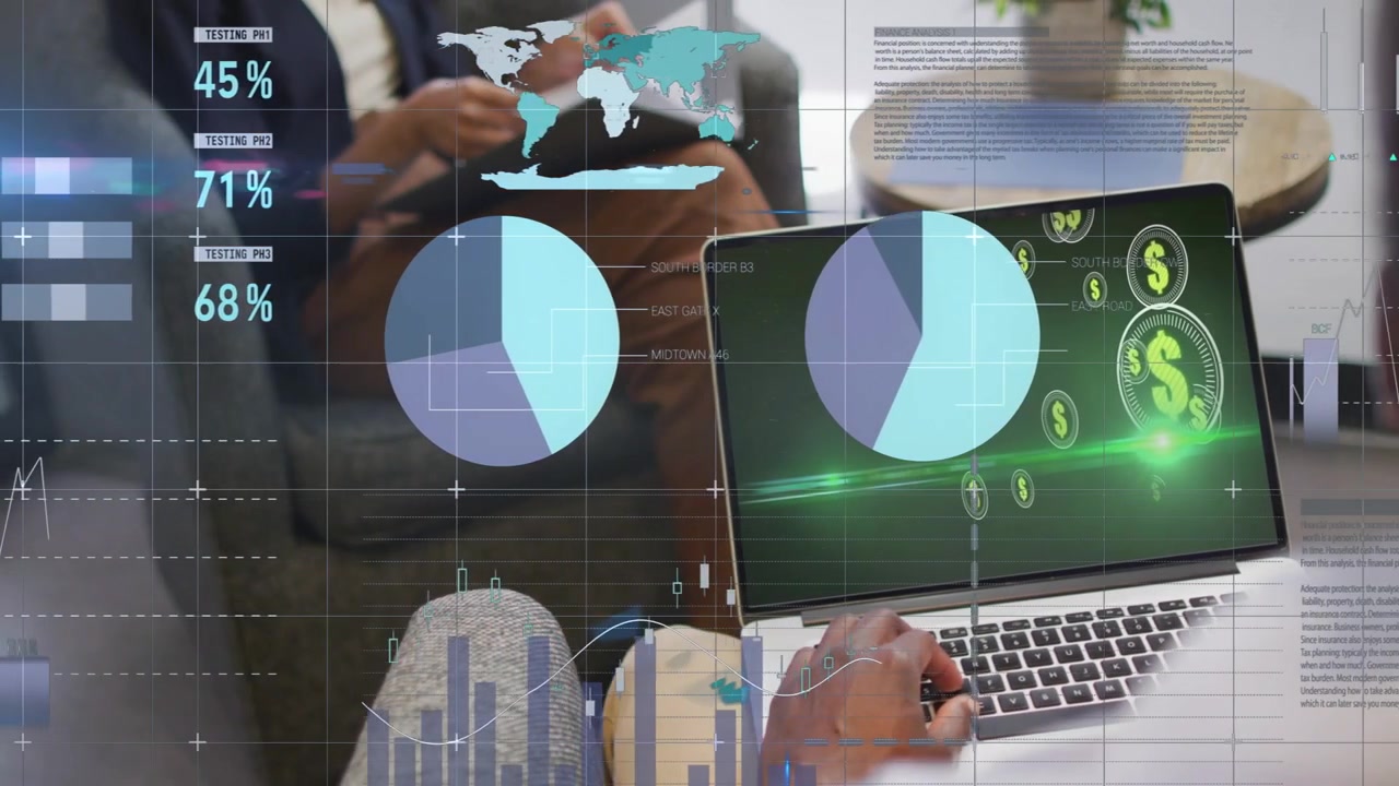 Laptop user adjusting trackpad in lounge, generating finance pie charts, bars, coins for review