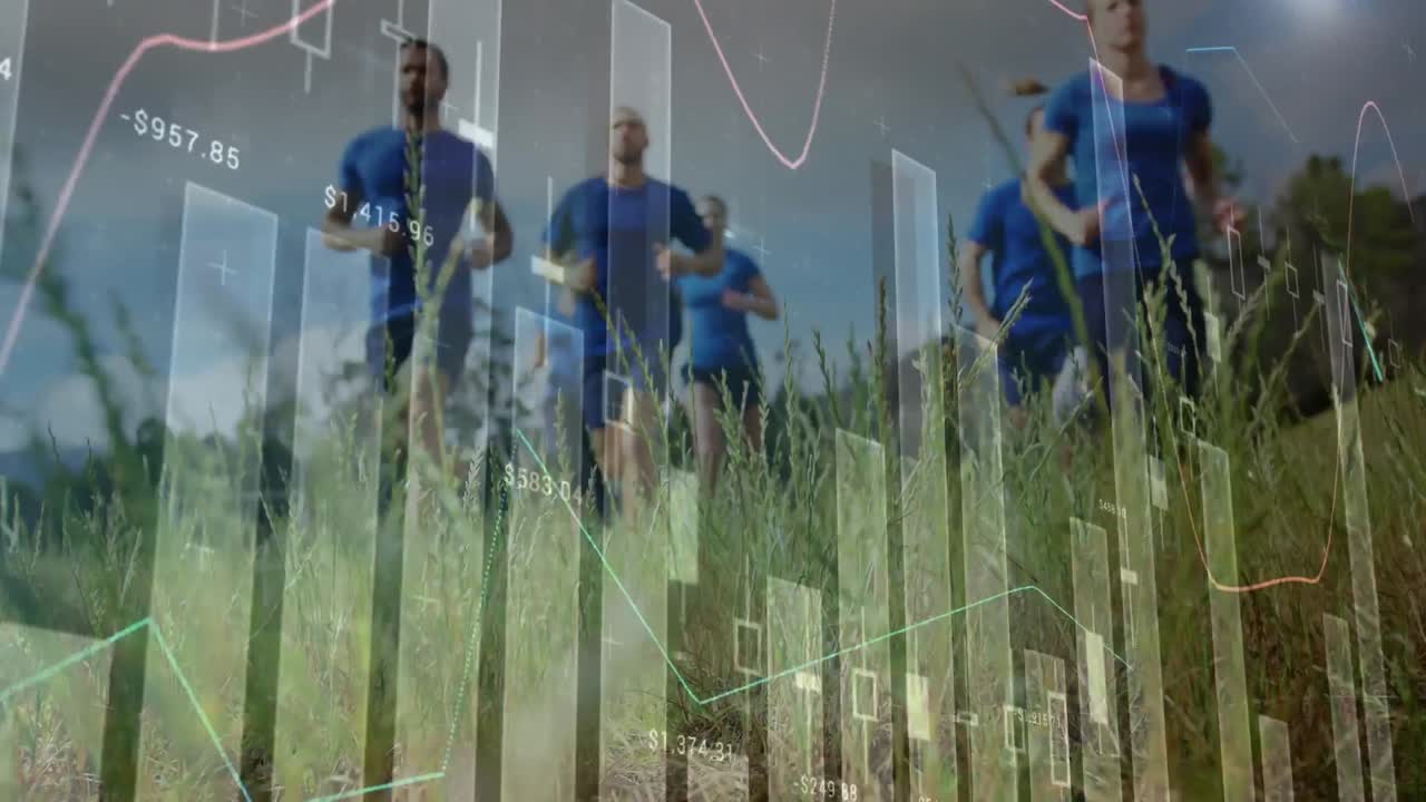 animación del procesamiento de datos sobre un grupo de hombres y mujeres corriendo