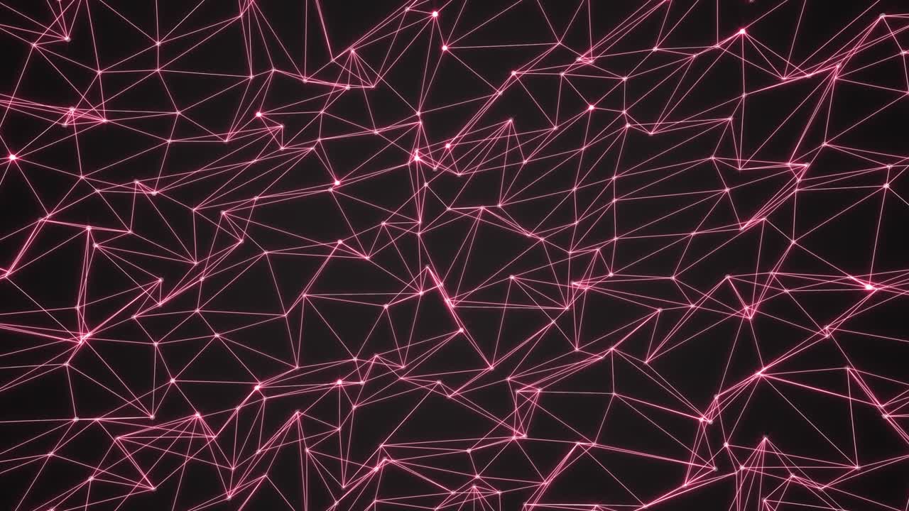 triángulos rosados con cimas brillantes en una red geométrica abstracta. movimiento de bucle sin costuras gráfico de malla poligonal de fondo