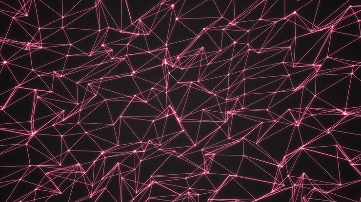 Triangoli rosa con cime luminose in una rete geometrica astratta. Sfondo a maglie poligonali con grafica in movimento in loop senza soluzione di continuità