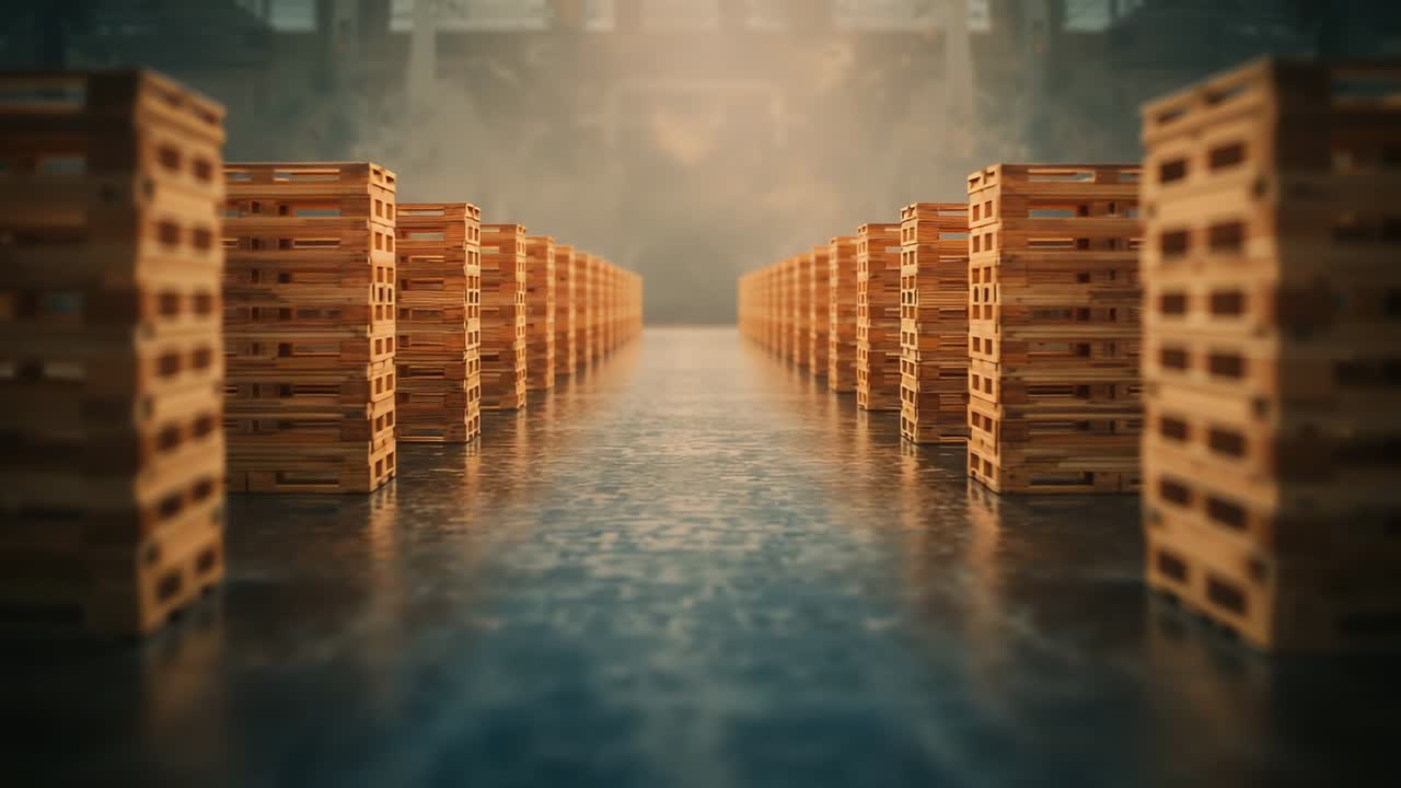 Camera starting rolling between wooden pallet stacks on concrete floor in warehouse, drawing depth