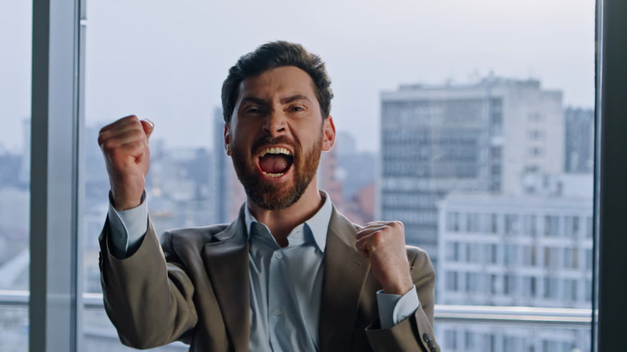 Corporate winner feeling overjoyed glass walls portrait. Executive winning deal