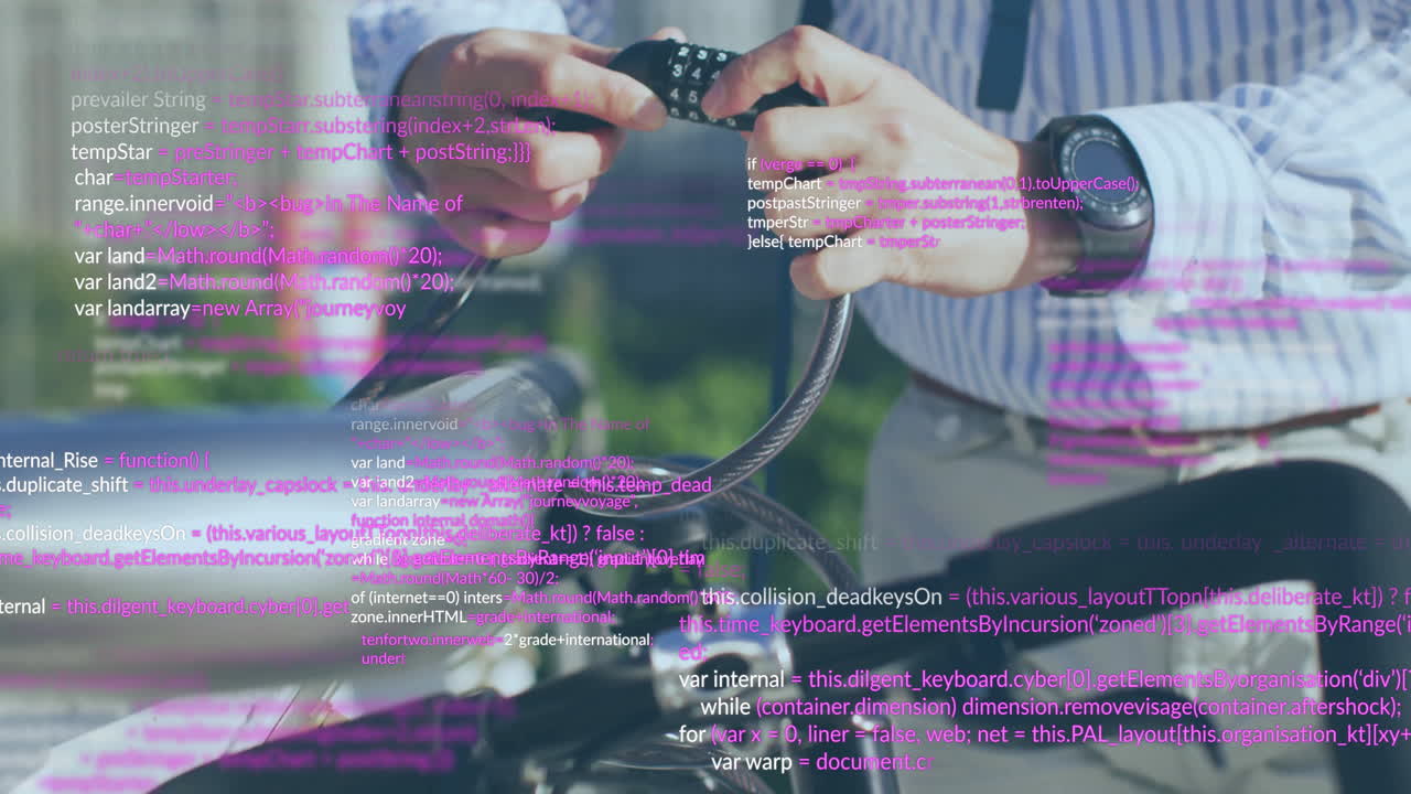 анимация обработки данных над кавказским бизнесменом, замыкающим велосипед