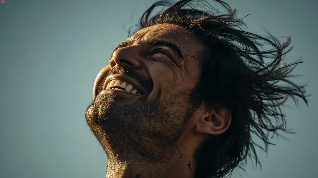 Tilting adult male's head back and smiling, reacting to sun and breeze, wind-blown hair, droplets