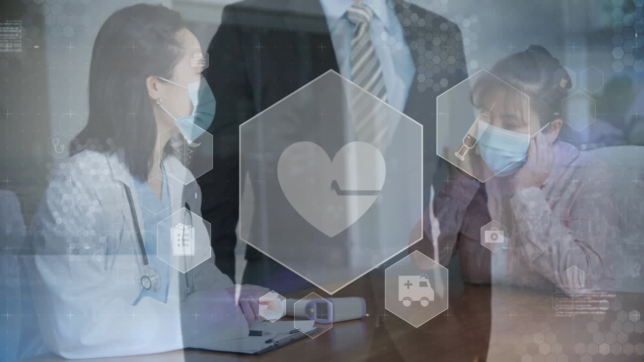 doctor and patient consulting in medical clinic under administrator supervision, hex icons floating