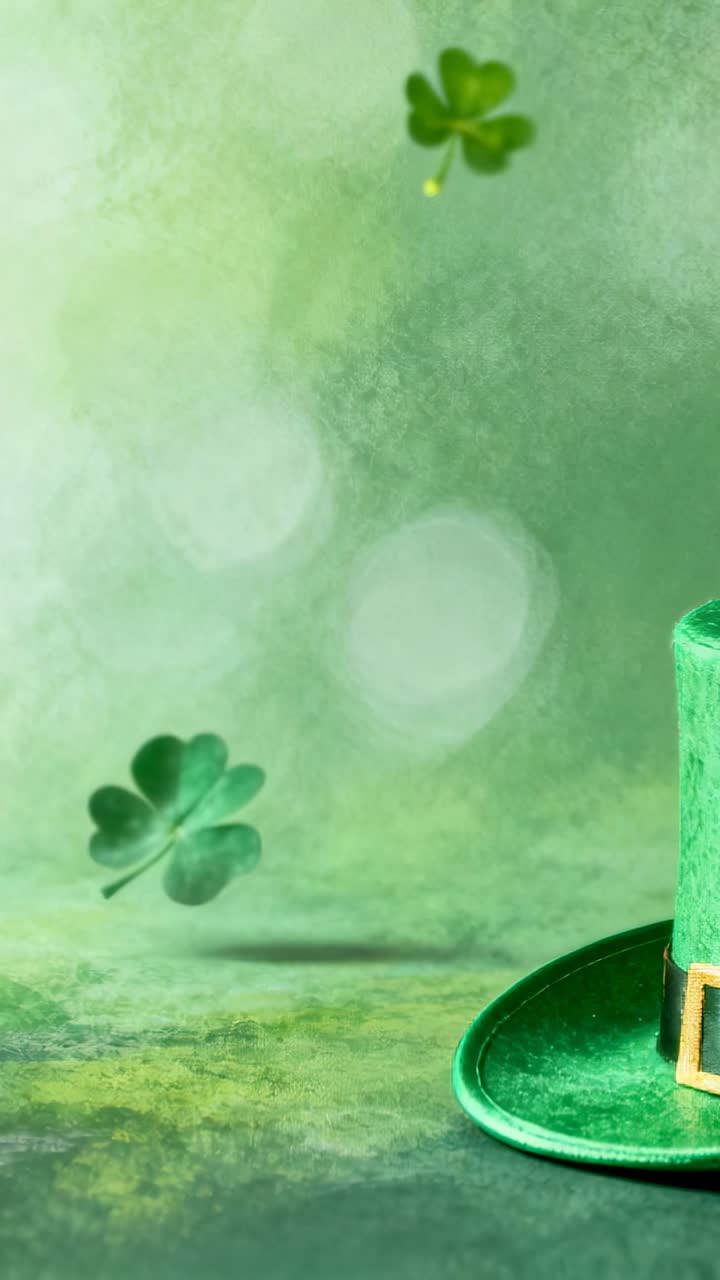 Vertical video: Wind moving clovers drifting across green, passing top hat, gold buckle, copy space