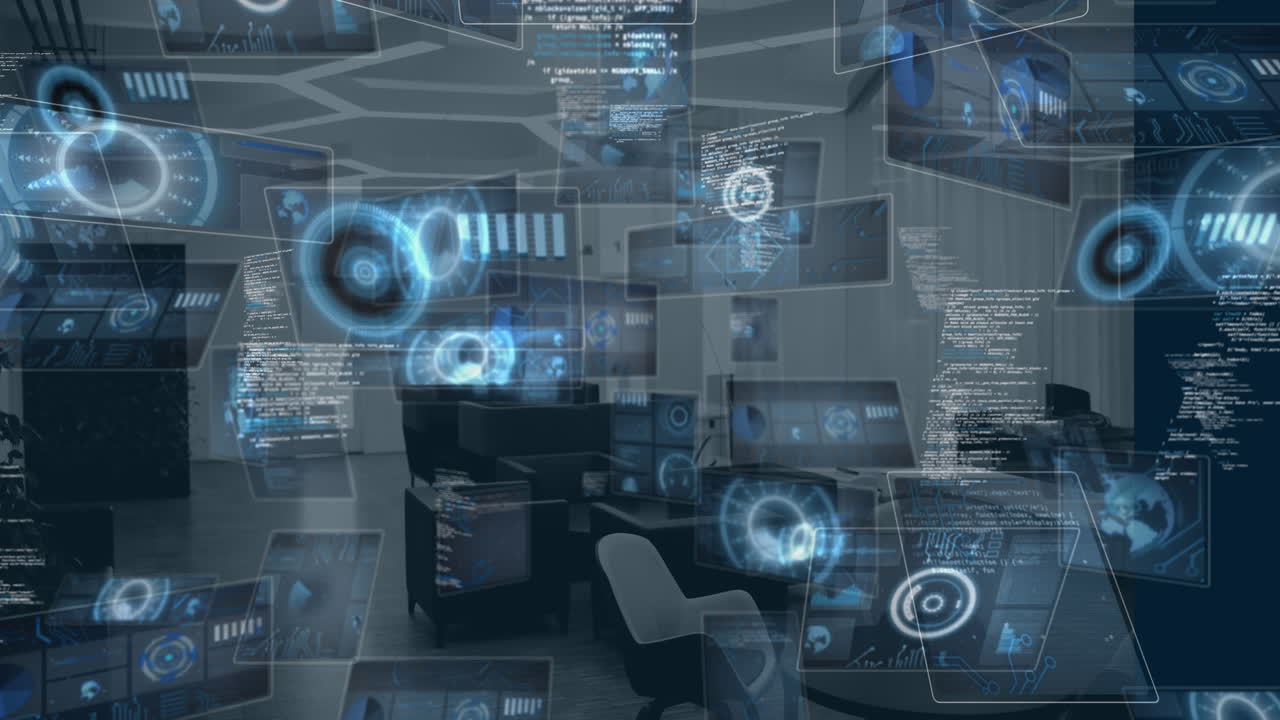Animation of multiple round scanners and data processing against empty office