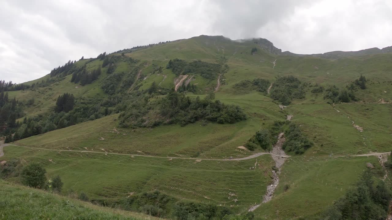 Idilliaco paesaggio alpino con pascoli di montagna a Brienz, Svizzera, in una giornata nuvolosa.