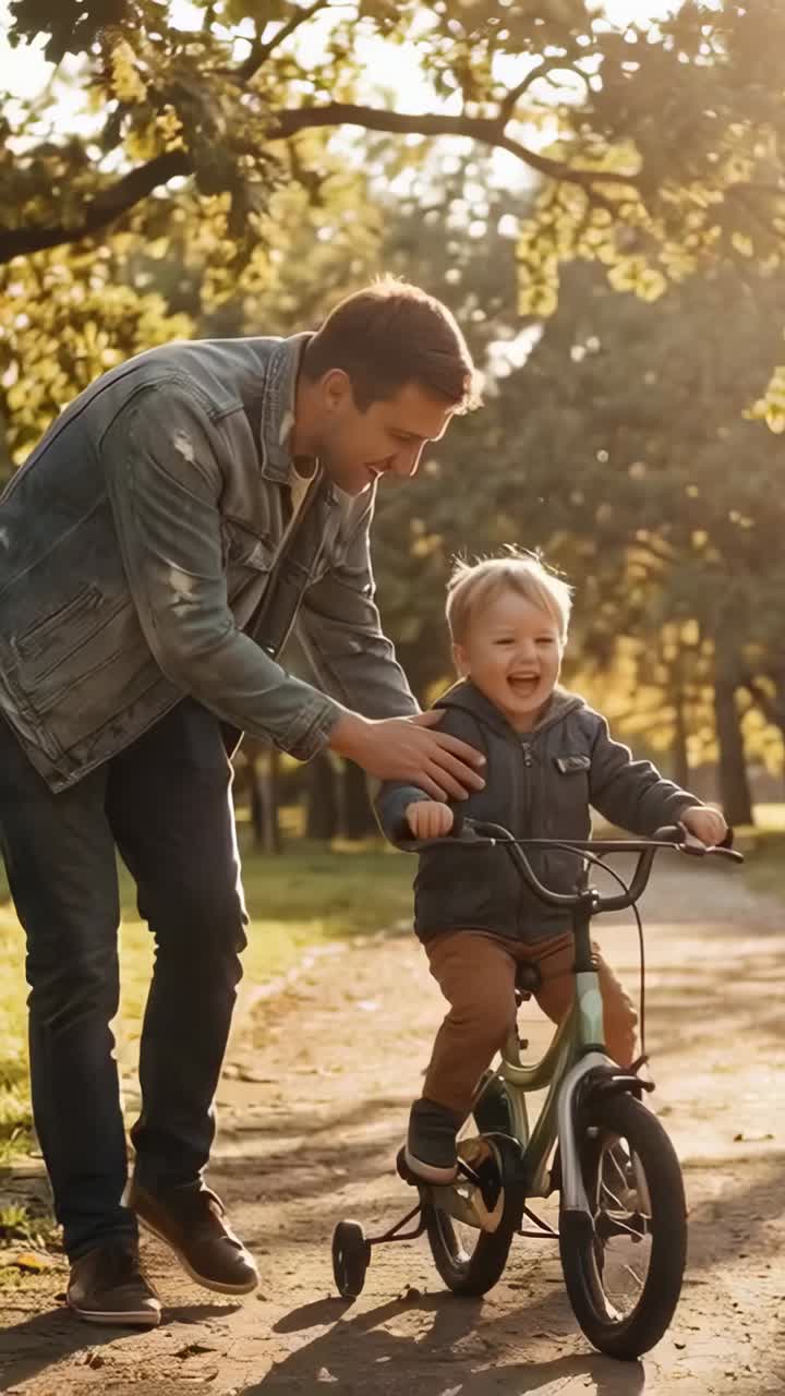 Video verticale: un papà vestito di jeans si piega per aiutare un bambino piccolo a pedalare su un sentiero sterrato con una bici verde
