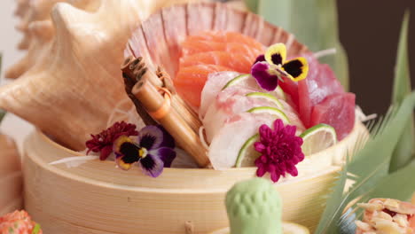 a colorful bowl of delicious fish meat - kabuki sushi -close up