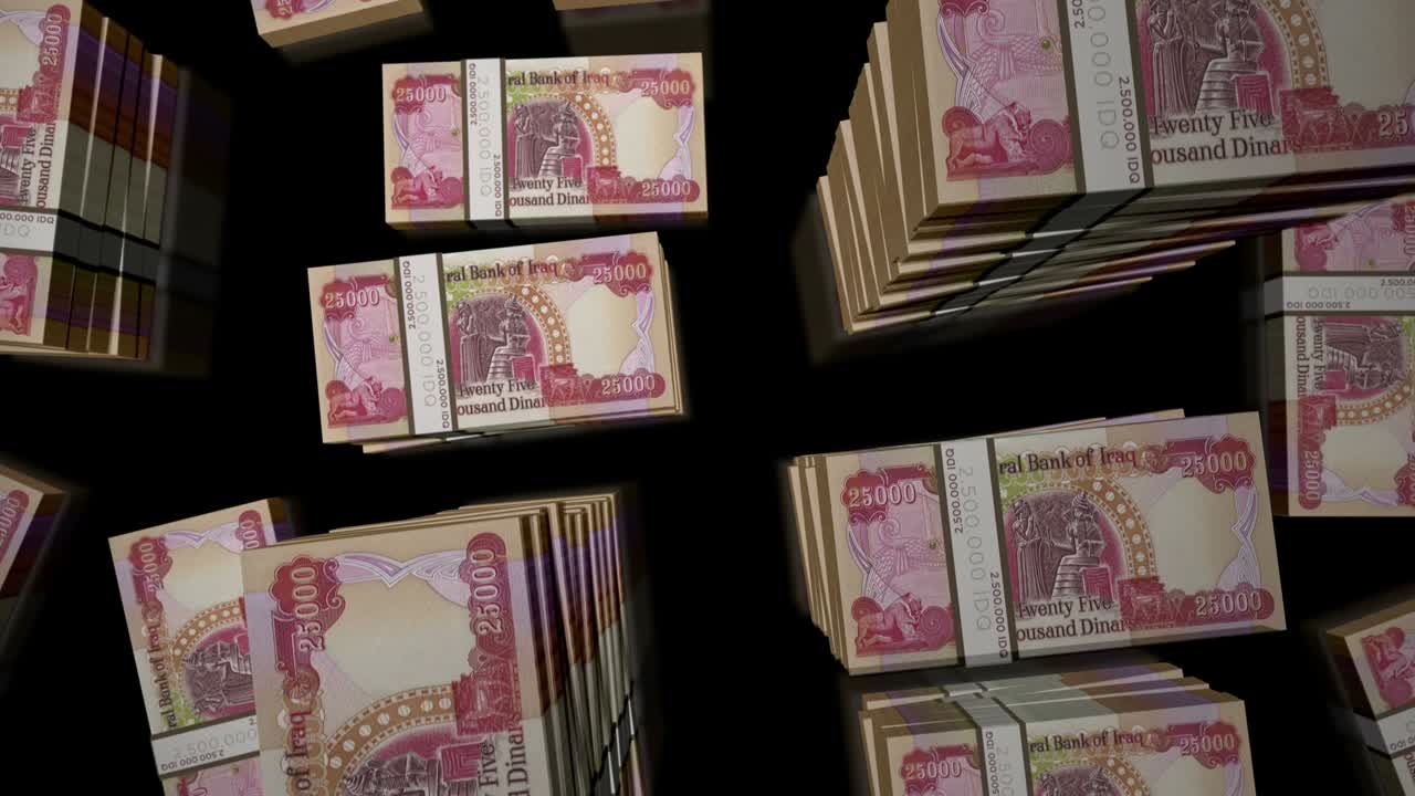 Hoạt hình lặp cảnh bay qua các gói tiền giấy Dinar Iraq.
