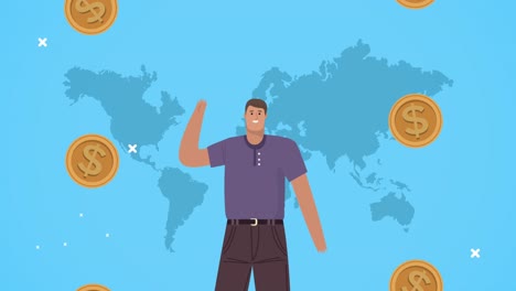 hombre de negocios con monedas dinero en el planeta tierra